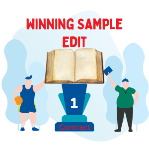 Branded graphic says, "Winning sample edit" above a trophy with a book for the top and "Contract" written on the base. A coach and a player stand to either side.