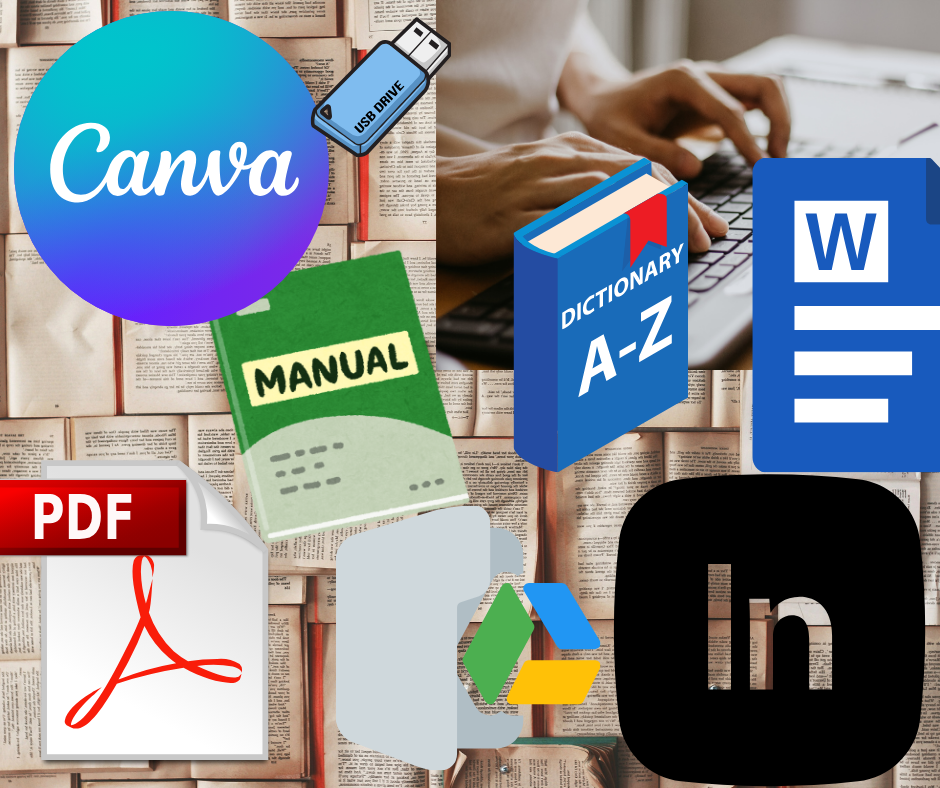 Image shows some of the tools needed to run a business to edit books from home: computer, dictionary, MS Word, storage, and more.